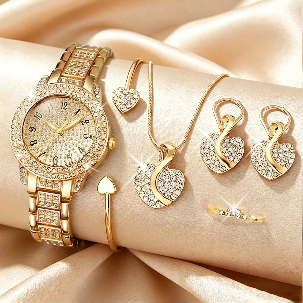 Luxury Watch Female - 6PCS Fashion Rhinestone Women Watch Heart